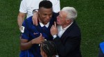 France's Kylian Mbappe, left, and France head coach Didier Deschamps celebrate after the World Cup round of 16 soccer match against Paraguay in Philadelphia on Saturday, July 4, 2026. (AP Photo/Matt Rourke)