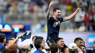 Argentina's Lionel Messi celebrates with his teammates at the end of the World Cup semifinal soccer match between England and Argentina in Atlanta, Wednesday, July 15, 2026. (AP Photo/Rebecca Blackwell)