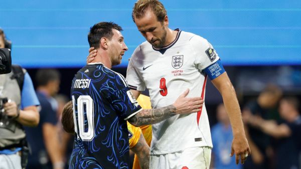 Argentina's Lionel Messi and England's Harry Kane hug after the World Cup semifinal soccer match between England and Argentina in Atlanta. (AP Photo)
