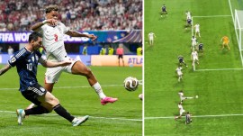 Argentina's Lionel Messi crosses the ball to teammate Lautaro Martinez to score their side's second goal during the World Cup semifinal vs England. (AP & Screengrab)