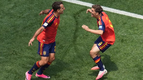 Mikel Oyarzabal (L) celebrates scoring his side's 3rd goal with his teammate Gavi. (AP)