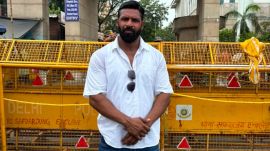 Deepak Kumar, popularly known as “Mohammad Deepak” at media briefing called by Sonam Wangchuk's wife Gitanjali Angmo outside Safdarjung Hospital Sunday. (Express Photo)