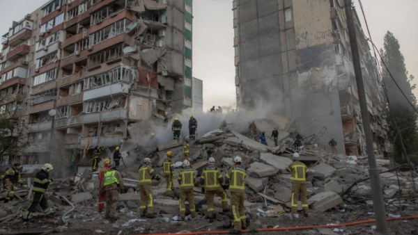 Damage at a residential building after Russian drone and missile strikes in Kyiv in May. The rockets used in the strike had been guided by a Japanese computer module. (Credit: AP via NYT)