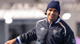 India's Neeraj Chopra warms up ahead of the Men's Javelin Throw Qualifying round at the Commonwealth Games 2026, in Glasgow, Scotland, Thursday, July 30, 2026. (PTI Photo)