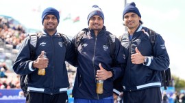 From left, India's Yash Vir Singh, Rohit Yadav and Neeraj Chopra pose for photgraphs at the Commonwealth Games 2026, in Glasgow, Scotland, Thursday, July 30, 2026. (PTI Photo)