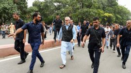 Jammu and Kashmir Chief Minister Omar Abdullah walks on a road near Jantar Mantar during his protest demanding the restoration of Jammu and Kashmir's statehood, in New Delhi on Monday. (ANI Photo