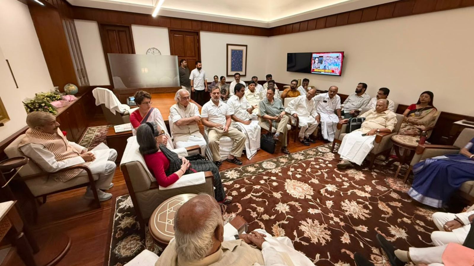Leaders of the INDIA bloc meet at Congress president Mallikarjun Kharge's office in Parliament ahead of the day's proceedings during the Monsoon Session on Tuesday.