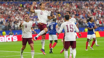 Spain's Mikel Oyarzabal celebrates scoring from the penalty spot the opening goal during a World Cup semifinal soccer match between France and Spain in Arlington, Texas, near Dallas, Tuesday, July 14, 2026. (AP Photo/Julio Cortez)