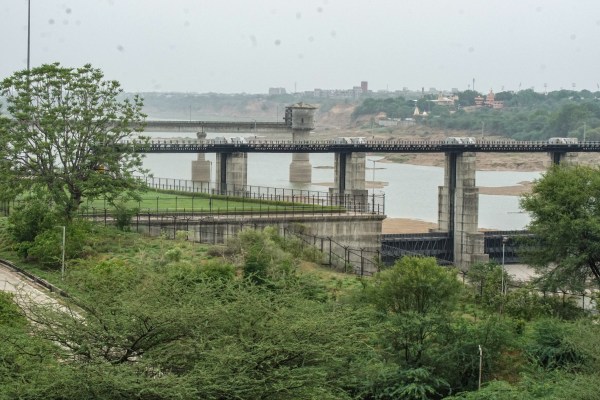 A view of the Sant Sarovar dam on Sabarmati river from the Indroda Fort site.