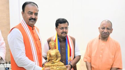 BJP national president Nitin Nabin with UP Deputy Chief Minister Shri Keshav Prasad Maurya and UP CM Yogi (Photo/X@NitinNabin)