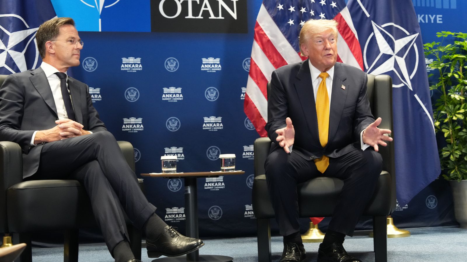US President Donald Trump meets with NATO Secretary General Mark Rutte on the sidelines of NATO meeting at the Bestepe Presidential complex, in Ankara, Turkey, Wednesday. (AP Photo)