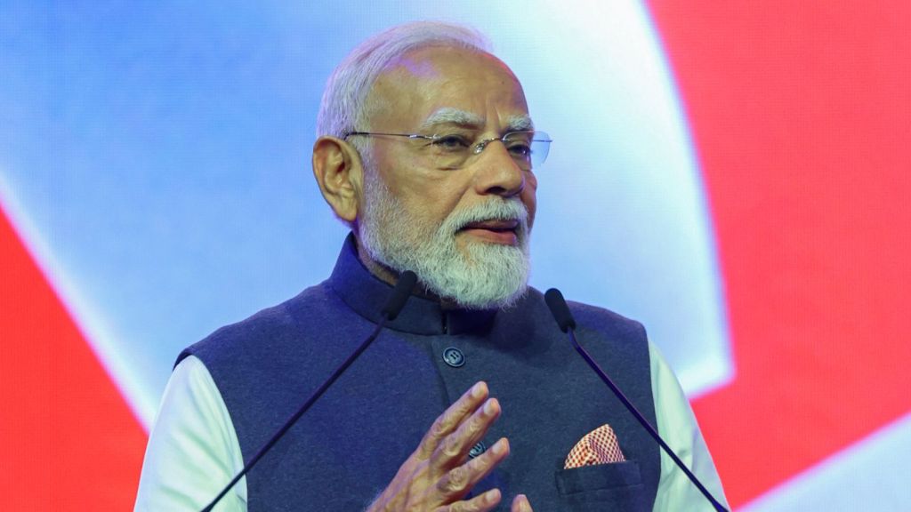 Prime Minister Narendra Modi addresses during a gala lunch hosted by New Zealand Prime Minister Christopher Luxon (unseen), in Auckland