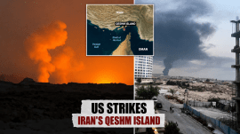A plume of smoke rises after reported strikes, from Qeshm, Iran, July 30, 2026, in these screengrabs obtained from a social media video,