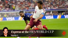 France's Michael Olise vies for the ball with Spain's Rodri during the World Cup semifinal. (AP)