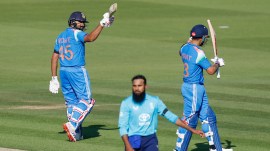 Rohit Sharma of India raises his bat after scoring a hundred during the 3rd ODI International match between England and India at the Lord's Cricket Ground, London, England on July 19, 2026.