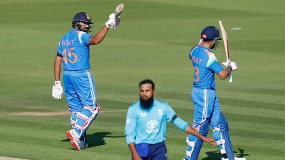 Rohit Sharma of India raises his bat after scoring a hundred during the 3rd ODI International match between England and India at the Lord's Cricket Ground, London, England on July 19, 2026.