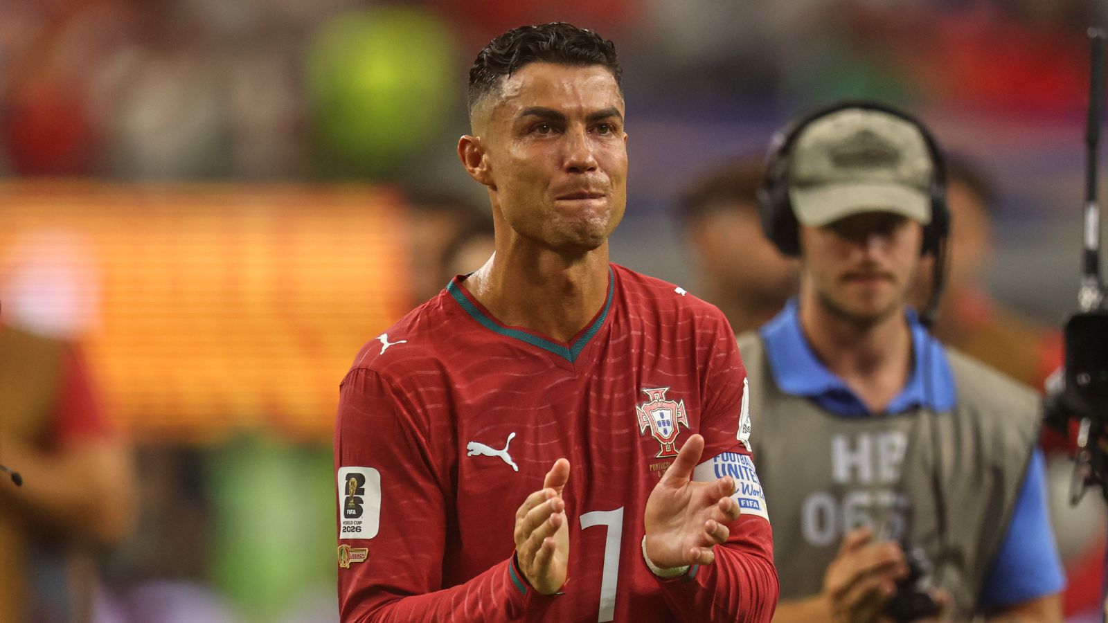 Portugal's Cristiano Ronaldo reacts after the World Cup round of 16 soccer match between Portugal and Spain in Arlington. (AP Photo)