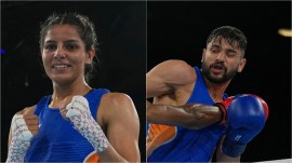 India boxers Sakshi and Sachin in action on Day 7 of the Commonwealth Games. (AP)