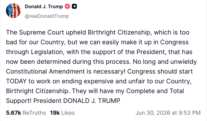 Donald Trump reacting to SC overruling his order for US citizenship on Truth Social