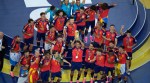 Spain players celebrate with the trophy after the World Cup final soccer match between Spain and Argentina in East Rutherford, N.J., near New York, Sunday, July 19, 2026. (AP Photo/Matt Slocum)