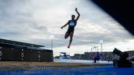 India's Murali Sreeshankar makes an attempt during the men's long jump final at the Commonwealth Games 2026, in Glasgow, Scotland, Thursday, July 30, 2026. (PTI Photo)