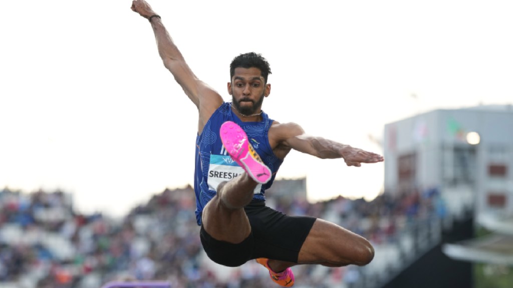 Murali Sreeshankar, of India, makes an attempt in the men's long jump final at the Commonwealth Games in Glasgow, Scotland, Wednesday, July 29, 2026. (AP Photo/Alastair Grant)