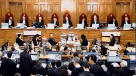 A screengrab from the live stream of a Constitution Bench hearing at the Supreme Court.
