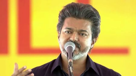 Tamil Nadu CM Vijay addressing an event in Karur, his first official visit since taking office. (ANI Photo)