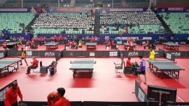 India Paddlers take part in the Commonwealth Table Tennis Championships at Delhi's Thyagraj Stadium. (Express Photo | Bhuvan Gupta)