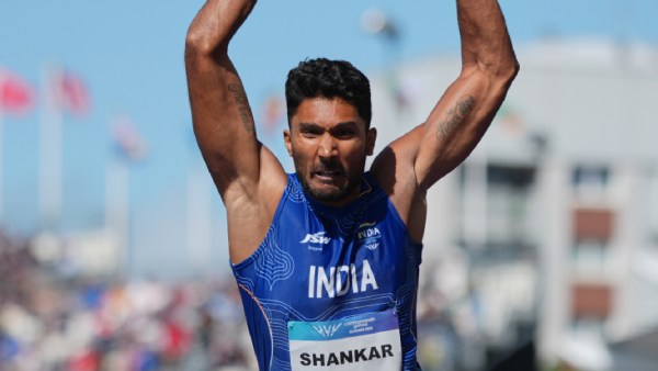 India's Tejaswin Shankar competes in the men's decathlon long jump at the Commonwealth Games in Glasgow, Scotland, Thursday, July 30, 2026. (AP Photo/Alastair Grant)