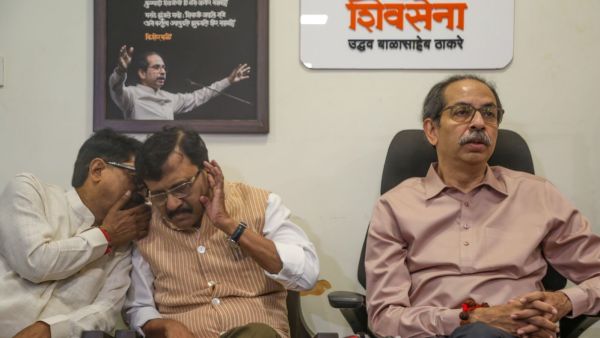 Leaders of Shiv Sena (UBT) Uddhav Thackeray address a press conference in Mumbai on Monday. (Express photo by Akash Patil)
