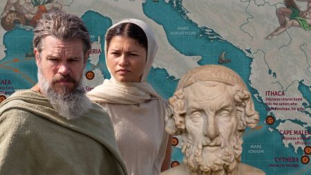 Matt Damon and Zendaya in The Odyssey. (Universal Pictures)