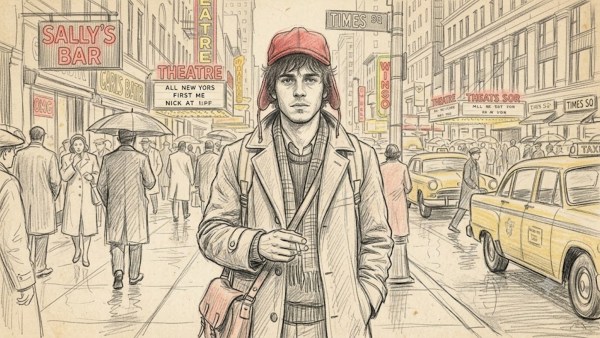 This vintage-style pencil sketch captures a young man, dressed in a trench coat and a red hunter's cap, walking through a bustling 1950s New York City street. Hand-drawn details, like the "Sally's Bar" neon sign and classic yellow cabs, evoke a sense of nostalgic urban life.