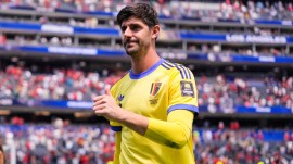 Belgian goalkeeper Thibaut Courtois in action. (AP)