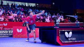 Abhinandh P.B. of Dempo Goa Challengers in action during the Semi Final 1 of the Butterfly UTT season 7 against Dabang Delhi T.T.C. (Credit: UTT)