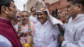 Former Education Minister and BJP MP Dharmendra Pradhan arrives at Parliament on Monday. (ANI Photo)