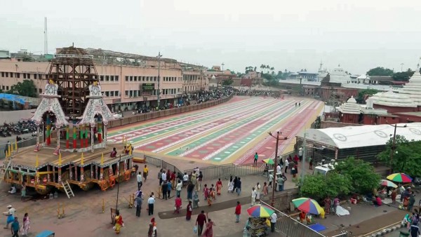 Chariots of Lord Jagannath and his siblings being prepared ahead of the Annual Rath Yatra, in Puri on Saturday. (ANI Video Grab)