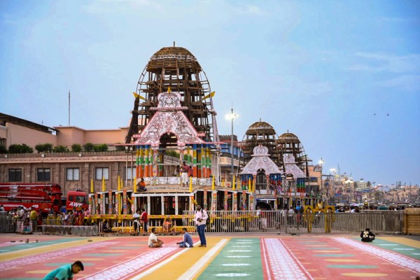Chariots of Lord Jagannath and his siblings being prepared ahead of the Annual Rath Yatra, in Puri on Saturday. (ANI Video Grab)