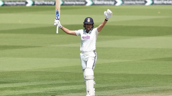 Yastika Bhatia of India celebrates after scoring a hundred during Day 3 of the Only Test match between England Women and India Women at Lord's Cricket Ground, London, England, on July 12, 2026.