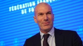 Zinedine Zidane, newly appointed coach of the France national soccer team, smiles during a media conference at the headquarters of French Football Federation headquarters in Paris, Tuesday, July 28, 2026. (AP Photo/Aurelien Morissard)