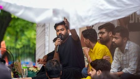 Cockroach Janata Party (CJP) founder Abhijeet Dipke during a protest demanding Union Education Minister Dharmendra Pradhan's resignation over alleged irregularities in the NEET examination, at the Jantar Mantar. (PTI Photo)