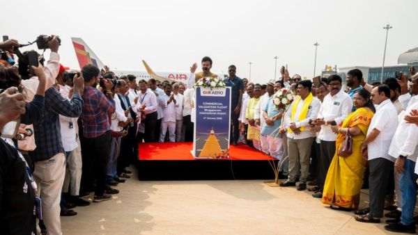 Union Civil Aviation Minister Kinjarapu Rammohan Naidu during the commercial validation flight event at the upcoming Bhogapuram International Airport. Credit: X/@Bhogapuram_Arpt