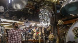 A view inside Dadabhai & Sons in Mumbai's Chor Bazaar, where four generations of artisans have restored industrial relics, ship lamps, delivery tables and vintage barber chairs, preserving the city's design and material heritage. (Express Photos by Akash Patil)