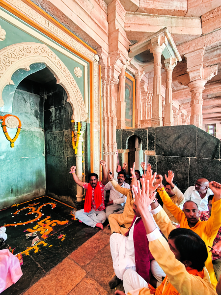 People offer prayers inside the Bhojshala - Kamal Maula mosque complex in Dhar, MP. (Express Photo by Anand Mohan J)