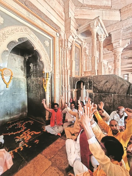 People offer prayers inside the Bhojshala-Kamal Maula mosque complex.