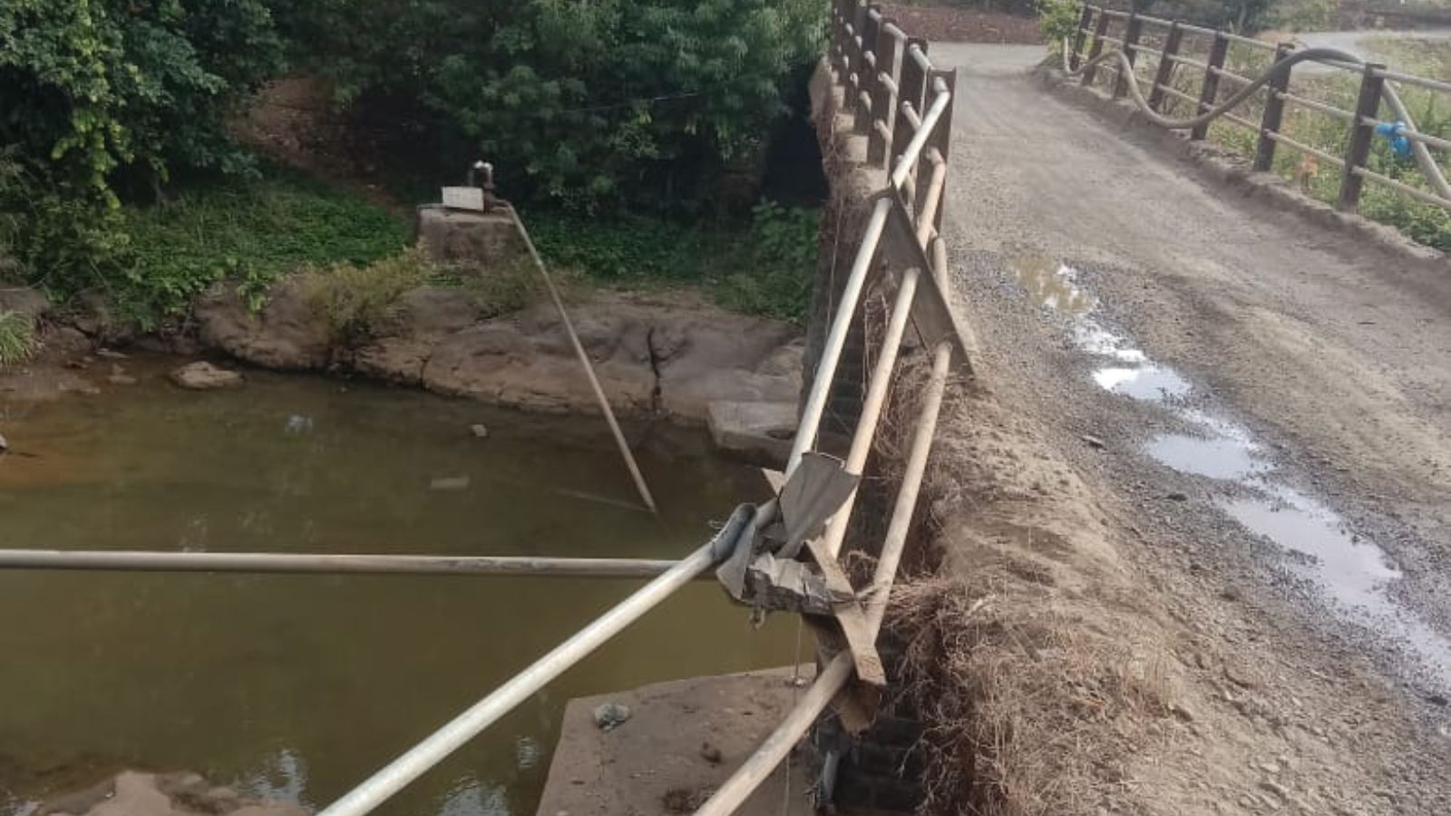 the bridge itself has been declared unsafe for four-wheelers and heavy vehicles by the gram panchayat since the past few years and a warning board has been installed at the bridge.