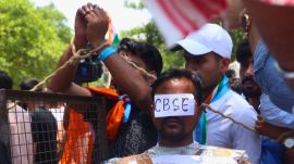 Members of National Students Union of India (NSUI) under the leadership of NSUI National President Vinod Jakhar during a protest against the CBSE Class 12 On-Screen Marking (OSM) controversy at the CBSE Headquarters, Patparganj, in New Delhi on Saturday. Express Photo by Amit Mehra 30 May 2026