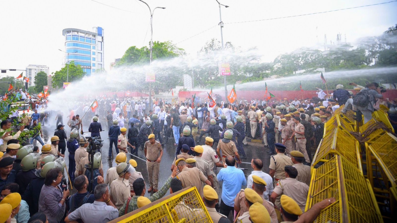Drenched in Police Action, Rajasthan BJP Chief Calls Delhi NEET Protesters ‘Hired Agitators’ as Water Cannons Fired in Jaipur