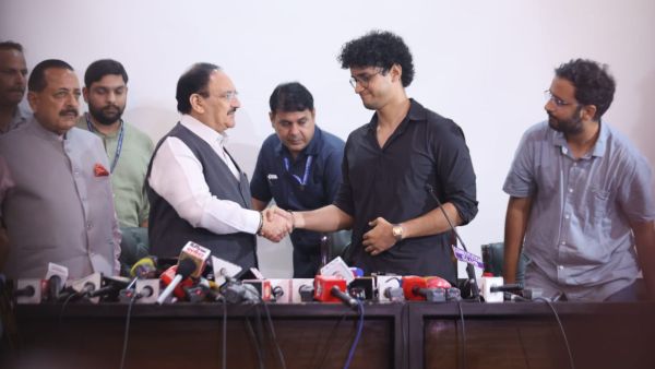 Union Ministers J P Nadda and Jitendra Singh with CJP's Saurav Dad and Ashutosh Ranka at a press briefing in New Delhi. (Express Photo by Tashi Tobgyal)
