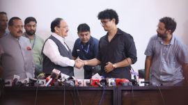 Union Ministers J P Nadda and Jitendra Singh with CJP's Saurav Dad and Ashutosh Ranka at a press briefing in New Delhi. (Express Photo by Tashi Tobgyal)